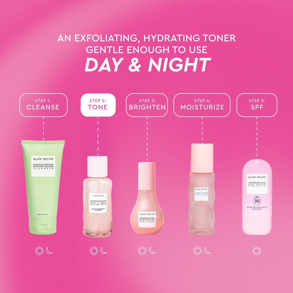 Glow Recipe PHA + BHA Face Toner, Korean Exfoliating Toner for Pores, Gentle Chemical Exfoliant + Hydrating Toner, Watermelon, Cactus Water + Glycerin (150ml)