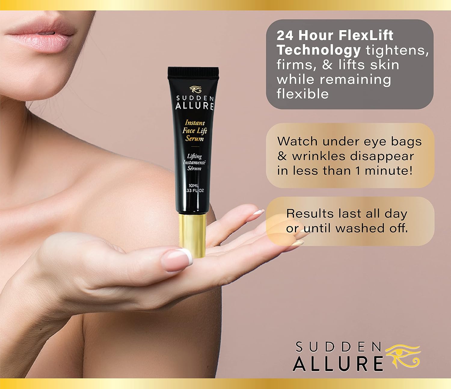 Sudden Allure Instant Face Lift Serum – Erase Under Eye Bags & Wrinkles in 60 Seconds - Firming Face & Eye Serum Lotion Cream - Instantly Tighten & Reduce Eye Bags & Crows Feet | Made in USA (10 ml)
